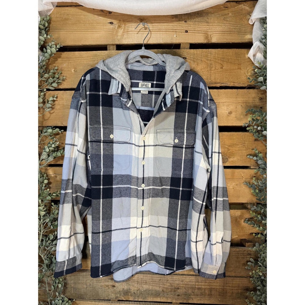 American Eagle Outfitters Blue, Navy & White Plaid Hooded Flannel Shirt